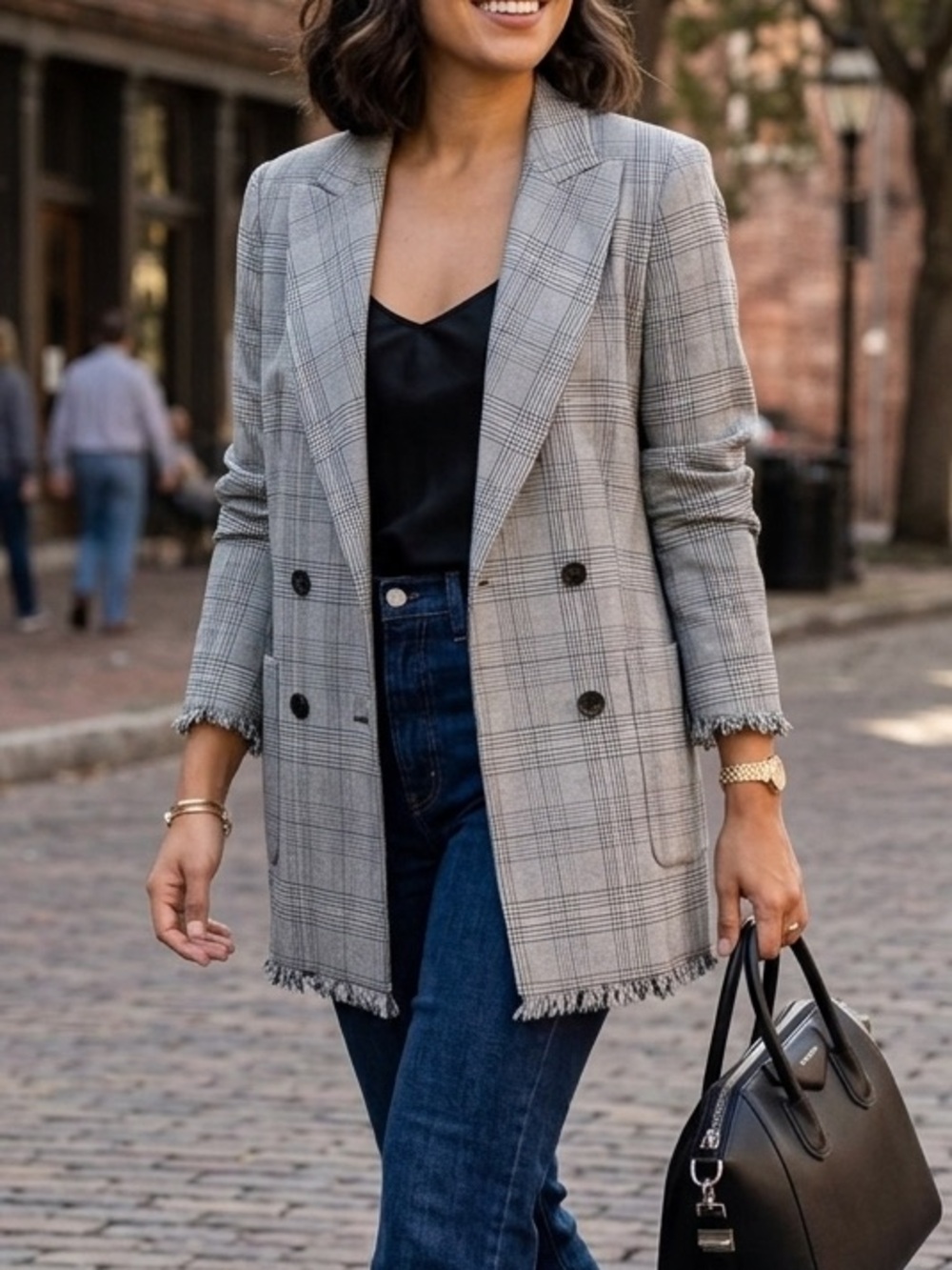 Marella Double-Breasted Plaid Fringe Blazer Jacket